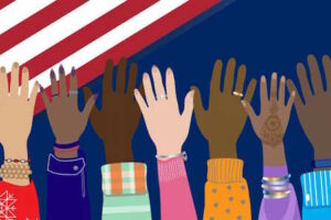 Citzenship Program Promo Banner featuring an American flag and multiple raised hands of various shades set against a blue background