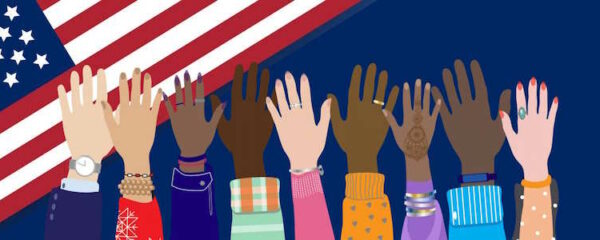 Citzenship Program Promo Banner featuring an American flag and multiple raised hands of various shades set against a blue background