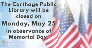 Library Closed Monday, May 25 for Memorial Day